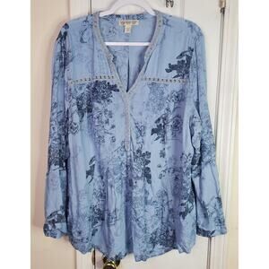 Vintage America Blues Crochet Roll Tab Sleeve Peasant Boho Blouse Top Women XXL